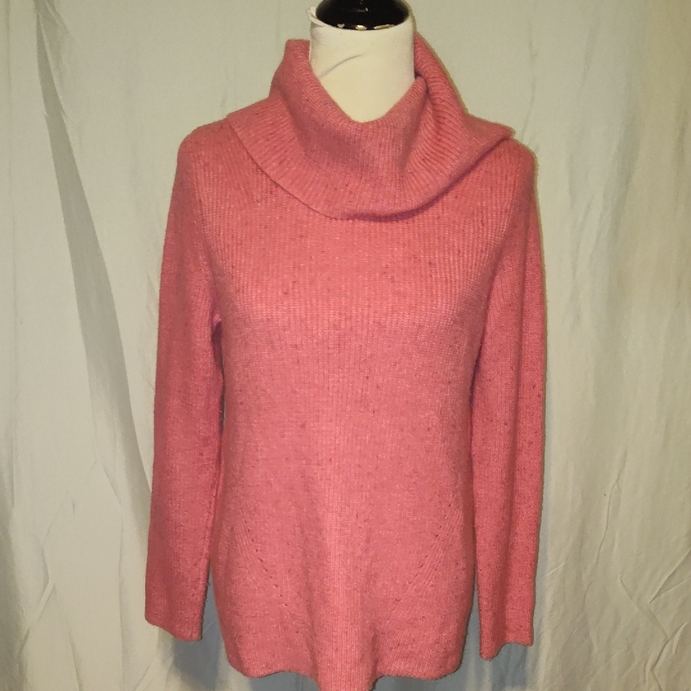 Talbots Womens Sweater Size Sp Pink Cowl Neck Sweater Knit Blue Speckled Ribbed